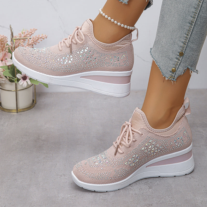pink Women's rhinestone flyknit wedge heels sneakers