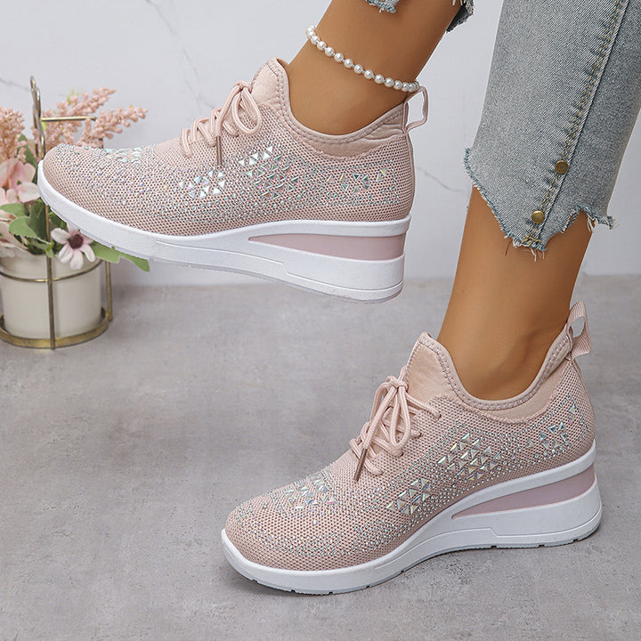 pink Women's rhinestone flyknit wedge heels sneakers