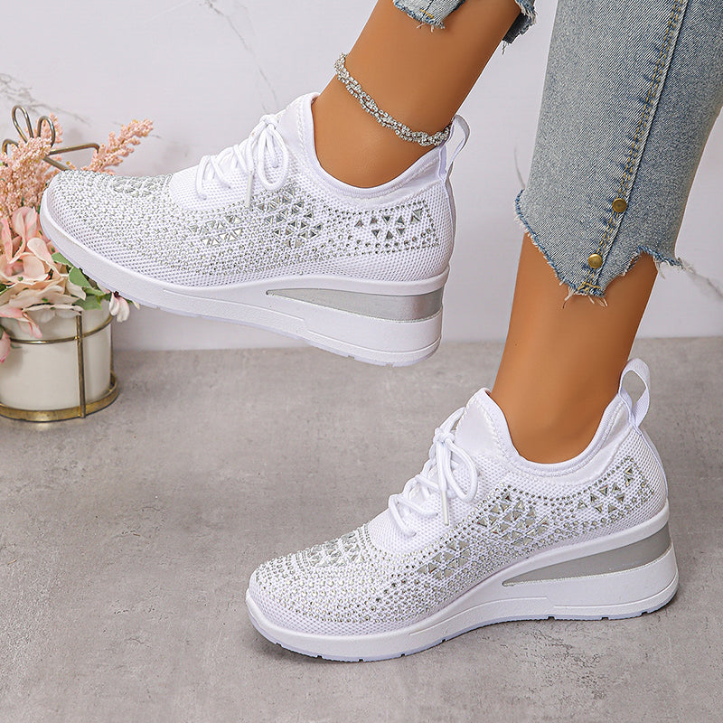 white Women's rhinestone flyknit wedge heels sneakers