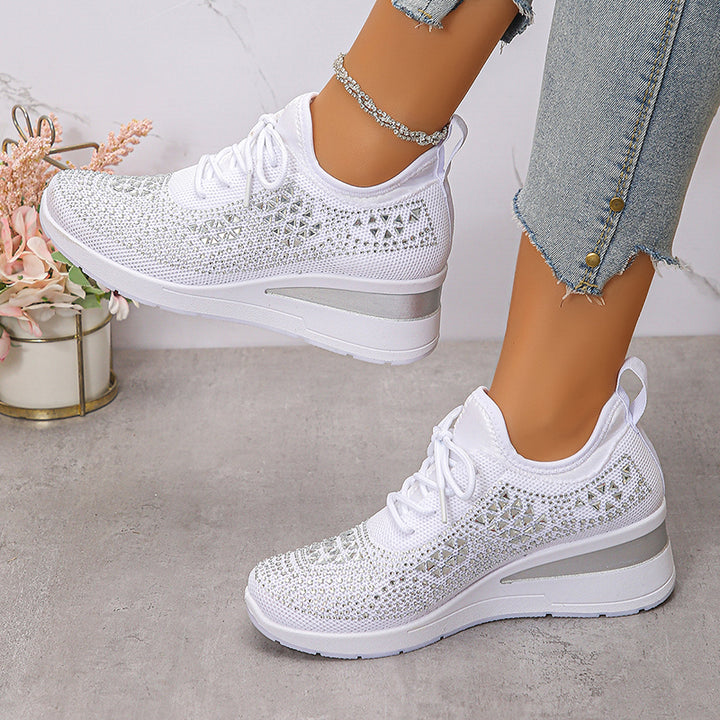 white Women's rhinestone flyknit wedge heels sneakers