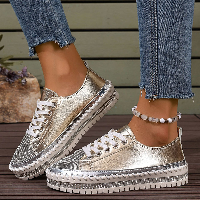 Women's rhinestone glitter lace-up platform sneakers for parties