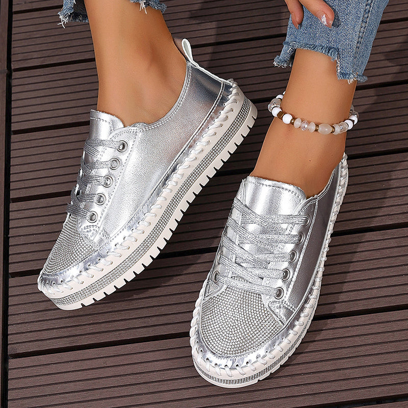 Women's rhinestone glitter lace-up platform sneakers for parties