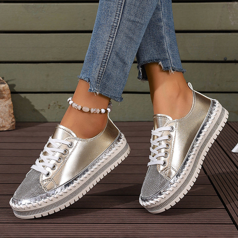 Women's rhinestone glitter lace-up platform sneakers for parties