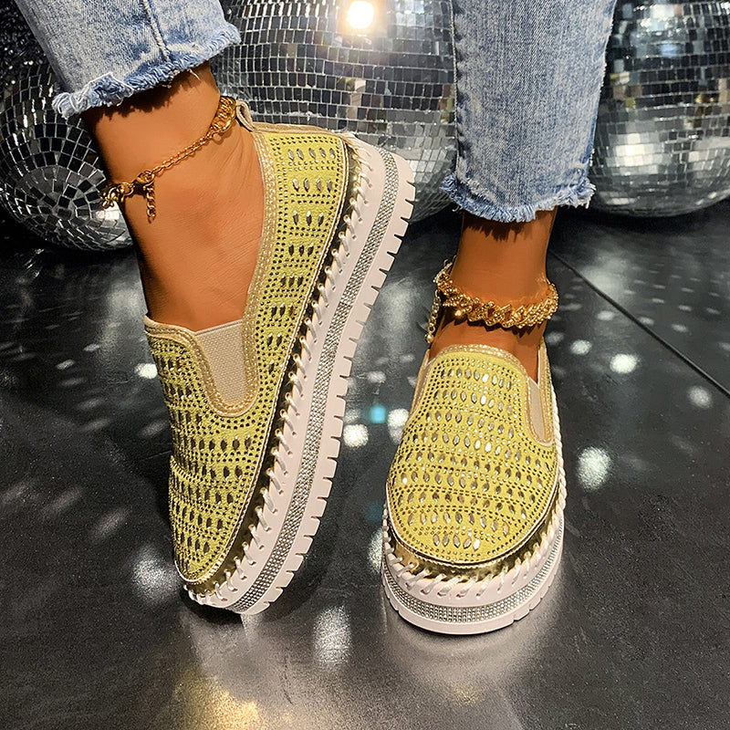 yellow Women's rhinestone sparkly slip-on platform sneakers
