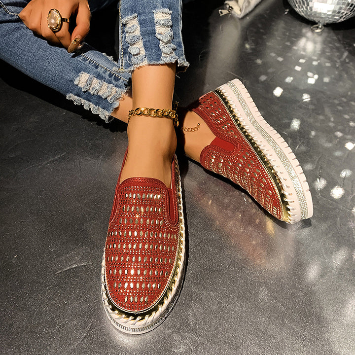 red Women's rhinestone sparkly slip-on platform sneakers