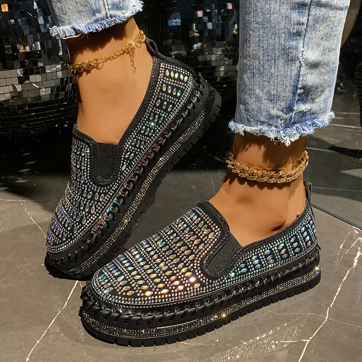 black Women's rhinestone sparkly slip-on platform sneakers
