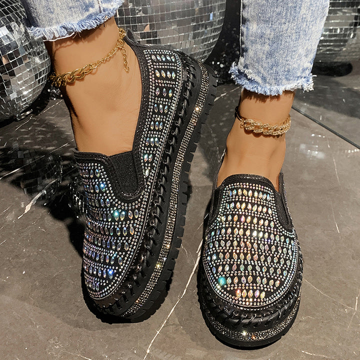 black Women's rhinestone sparkly slip-on platform sneakers