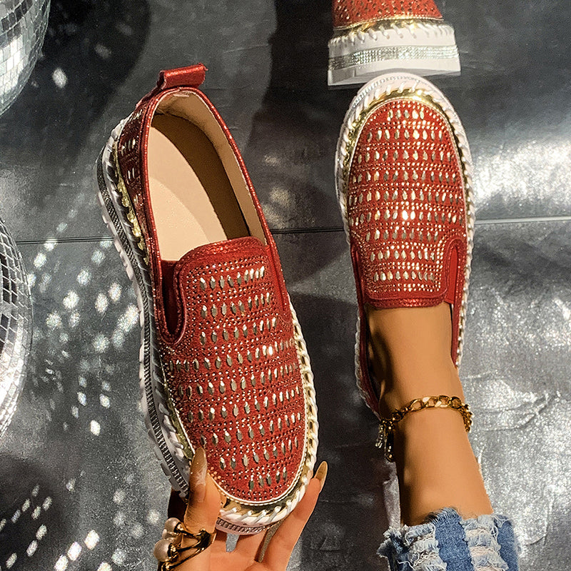 red Women's rhinestone sparkly slip-on platform sneakers