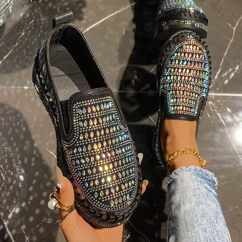 black Women's rhinestone sparkly slip-on platform sneakers