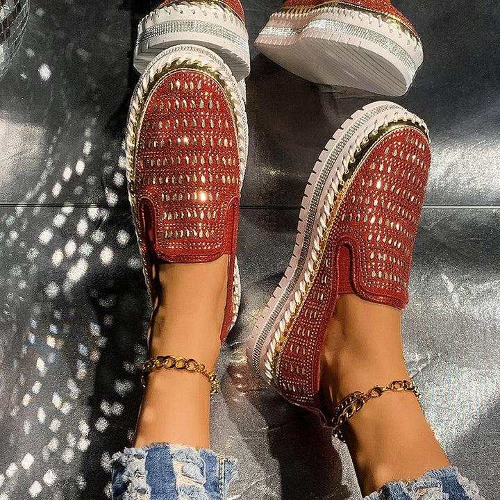 red Women's rhinestone sparkly slip-on platform sneakers