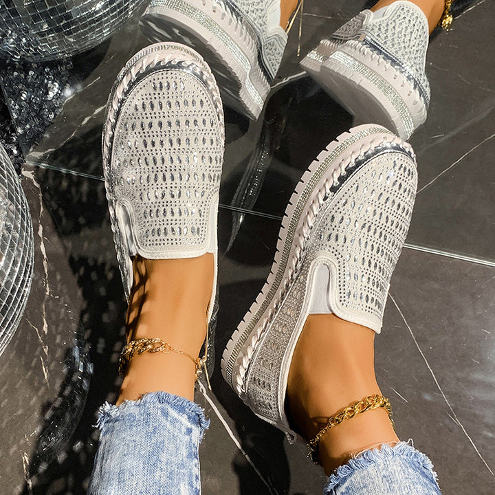 silver Women's rhinestone sparkly slip-on platform sneakers