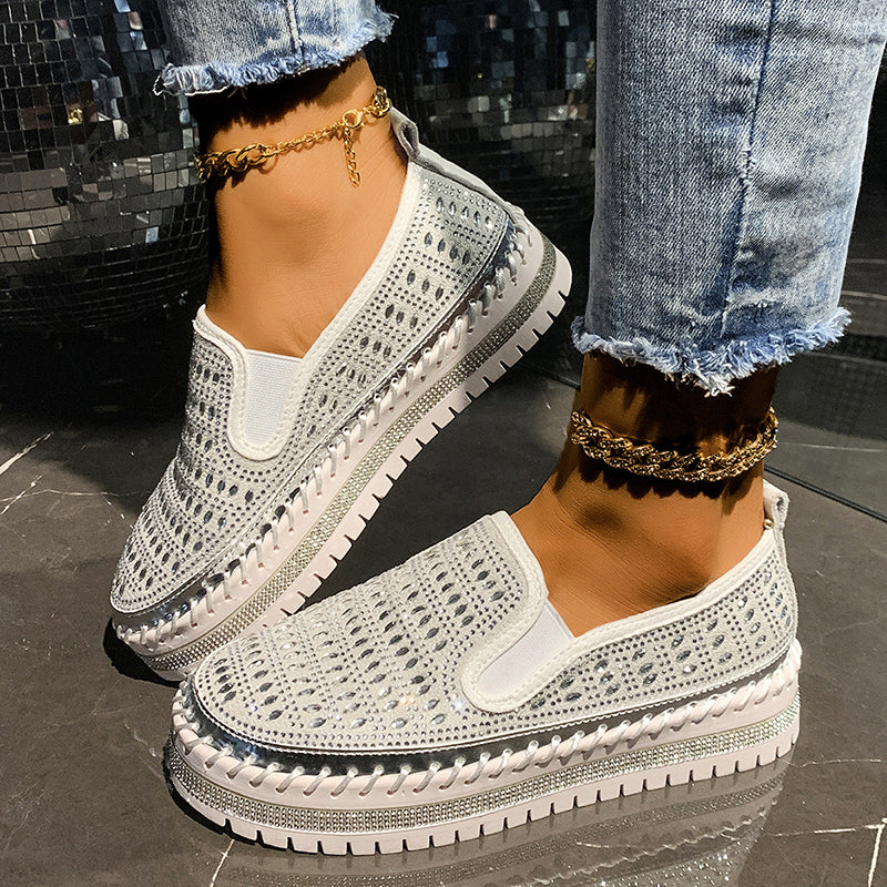 silver Women's rhinestone sparkly slip-on platform sneakers