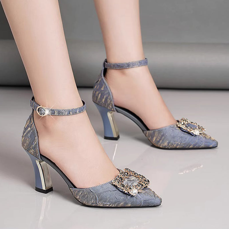 Glam Rhinestone Kitten-Heel D’Orsay Sandals for Women – Elegant Pointed-Toe Dress Shoes for Weddings & Events