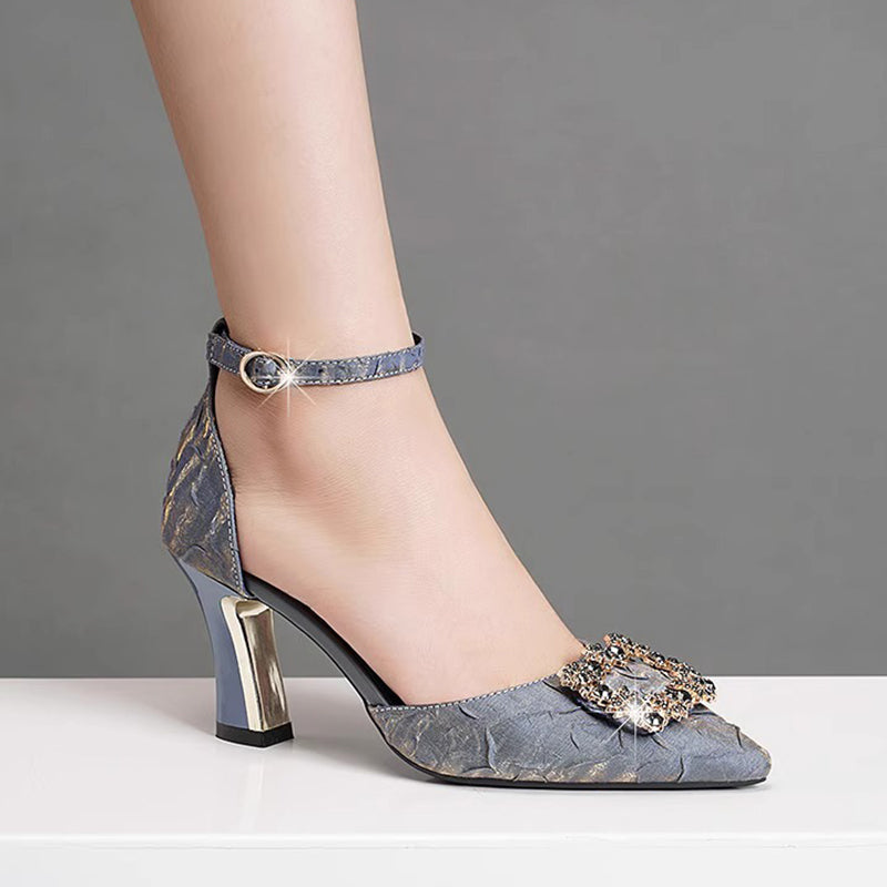 Glam Rhinestone Kitten-Heel D’Orsay Sandals for Women – Elegant Pointed-Toe Dress Shoes for Weddings & Events