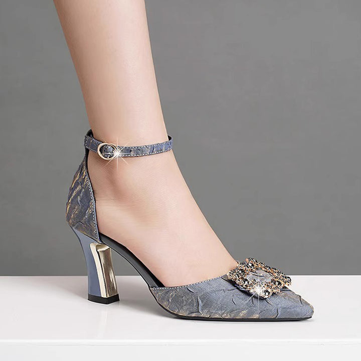 Glam Rhinestone Kitten-Heel D’Orsay Sandals for Women – Elegant Pointed-Toe Dress Shoes for Weddings & Events