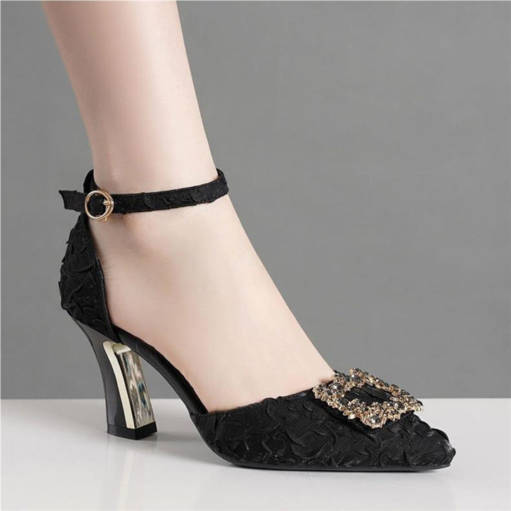 Glam Rhinestone Kitten-Heel D’Orsay Sandals for Women – Elegant Pointed-Toe Dress Shoes for Weddings & Events