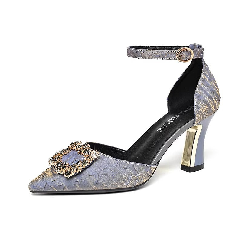 Glam Rhinestone Kitten-Heel D’Orsay Sandals for Women – Elegant Pointed-Toe Dress Shoes for Weddings & Events