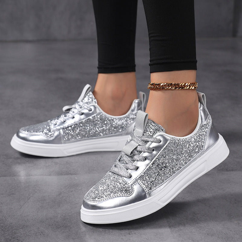 silver Women's sequins glitter lace-up low-cut platform sneakers
