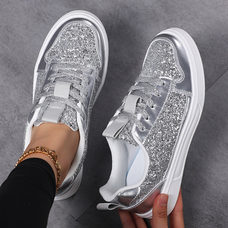 silver Women's sequins glitter lace-up low-cut platform sneakers