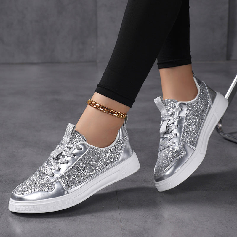 black Women's sequins glitter lace-up low-cut platform sneakers