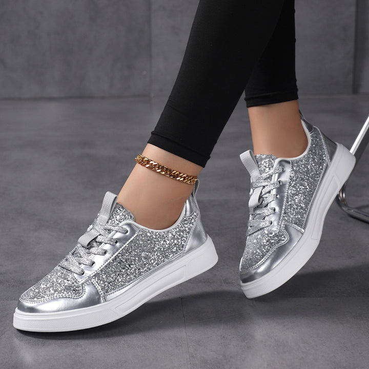 black Women's sequins glitter lace-up low-cut platform sneakers