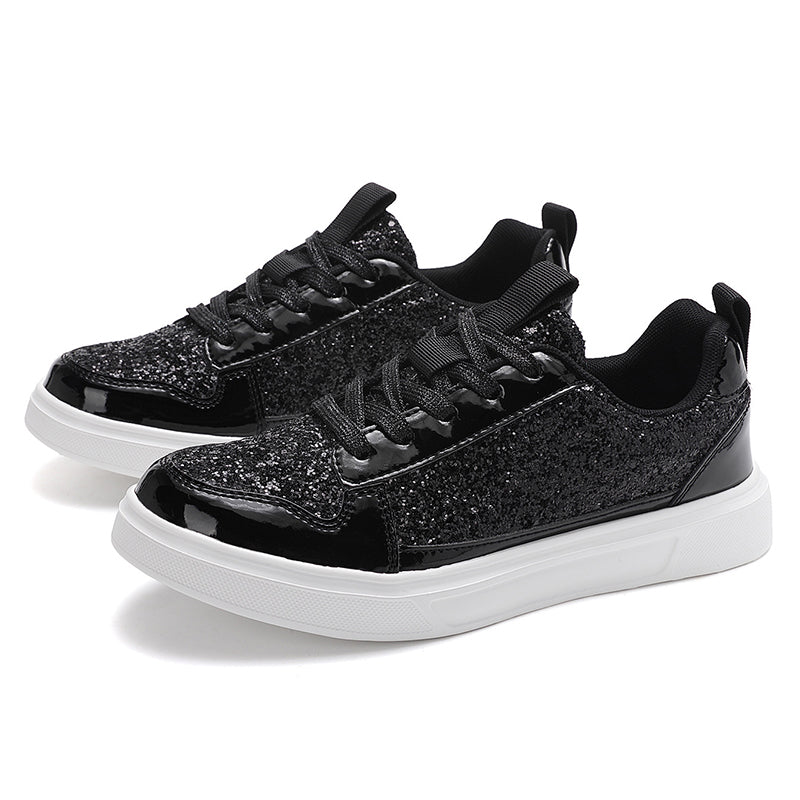 black Women's sequins glitter lace-up low-cut platform sneakers