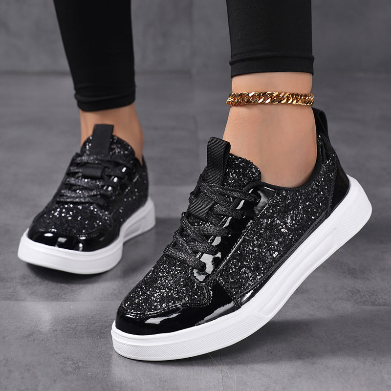 black Women's sequins glitter lace-up low-cut platform sneakers