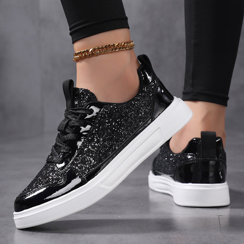 black Women's sequins glitter lace-up low-cut platform sneakers
