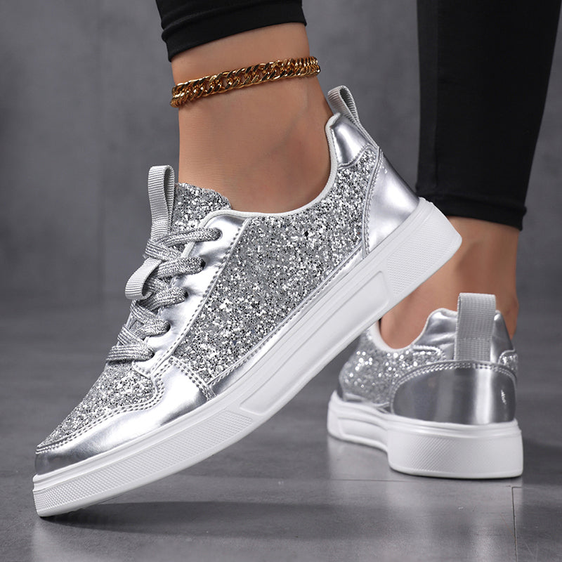 silver Women's sequins glitter lace-up low-cut platform sneakers