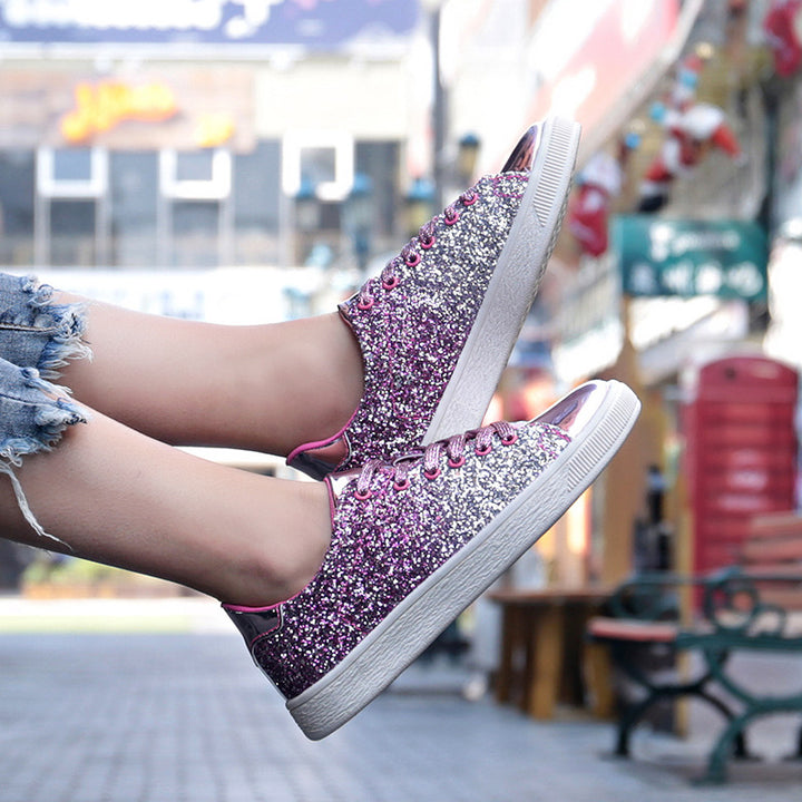 pink Women's sequins glitter lace-up platform sneakers