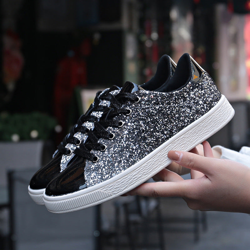 black Women's sequins glitter lace-up platform sneakers
