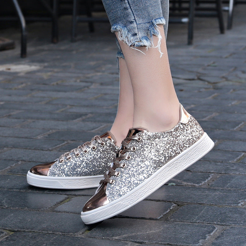 gold Women's sequins glitter lace-up platform sneakers