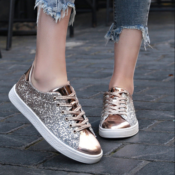 gold Women's sequins glitter lace-up platform sneakers