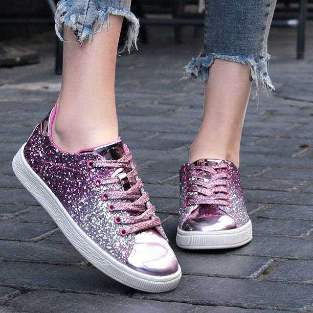 pink Women's sequins glitter lace-up platform sneakers