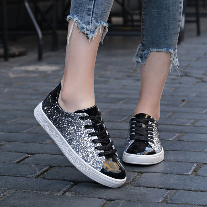 black Women's sequins glitter lace-up platform sneakers