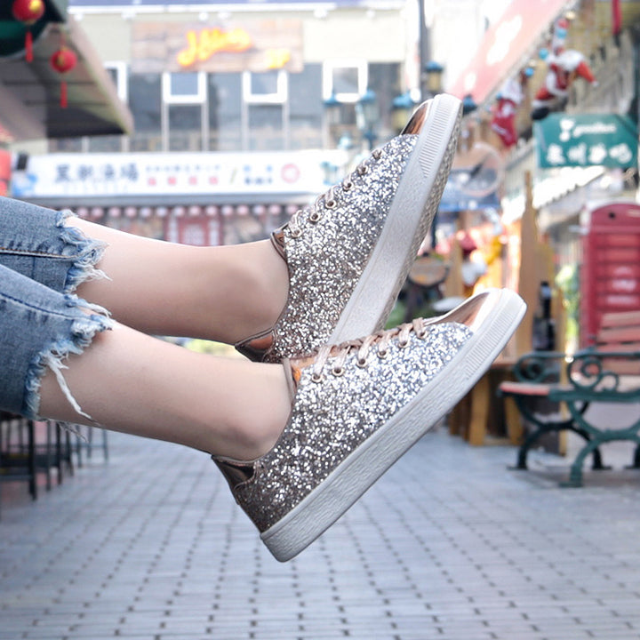 gold Women's sequins glitter lace-up platform sneakers