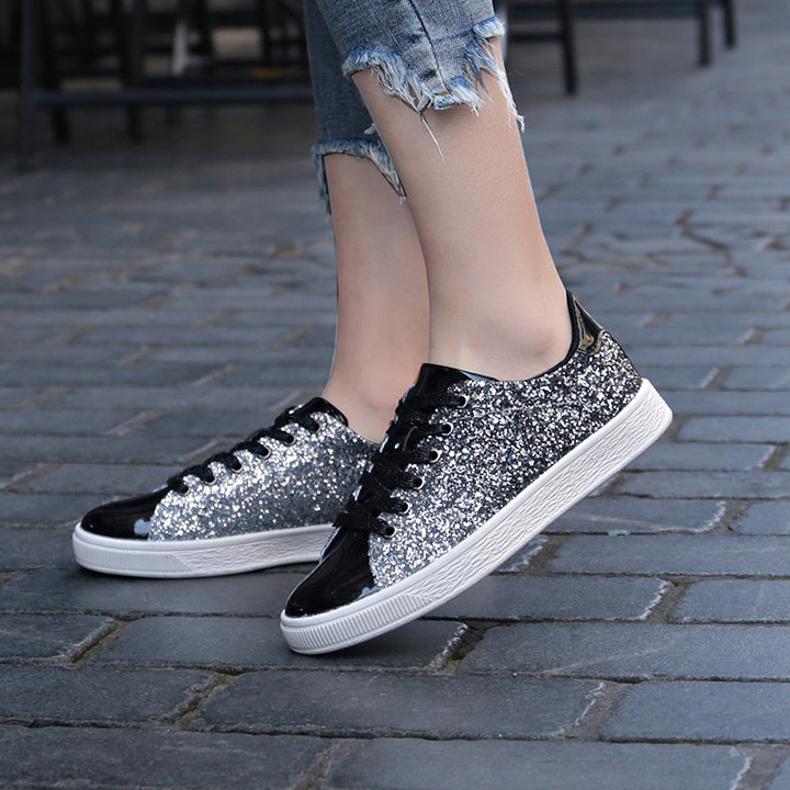 black Women's sequins glitter lace-up platform sneakers
