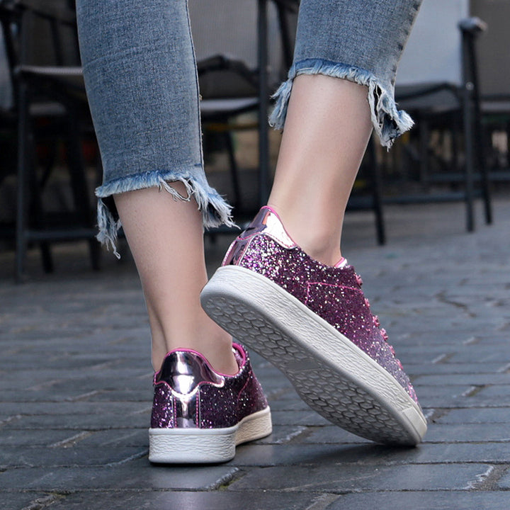 pink Women's sequins glitter lace-up platform sneakers
