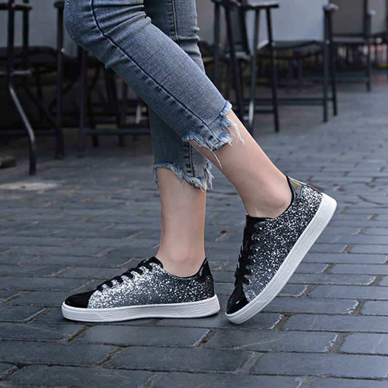 black Women's sequins glitter lace-up platform sneakers