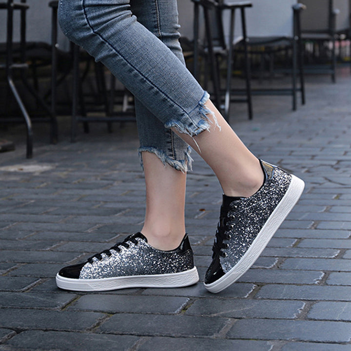 black Women's sequins glitter lace-up platform sneakers