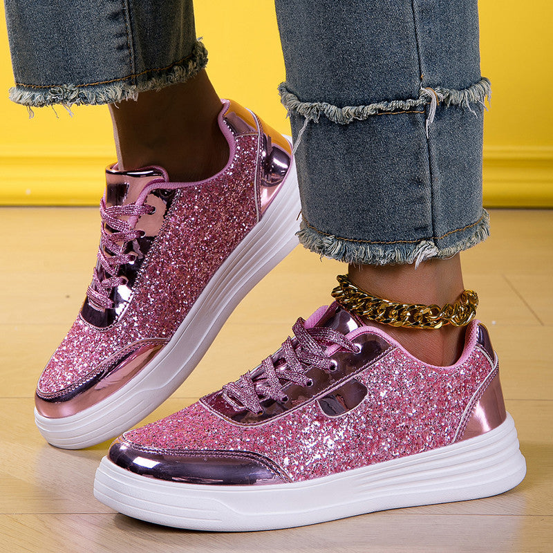 Women's sequins glitter lace-up platform sneakers for music festival, parties