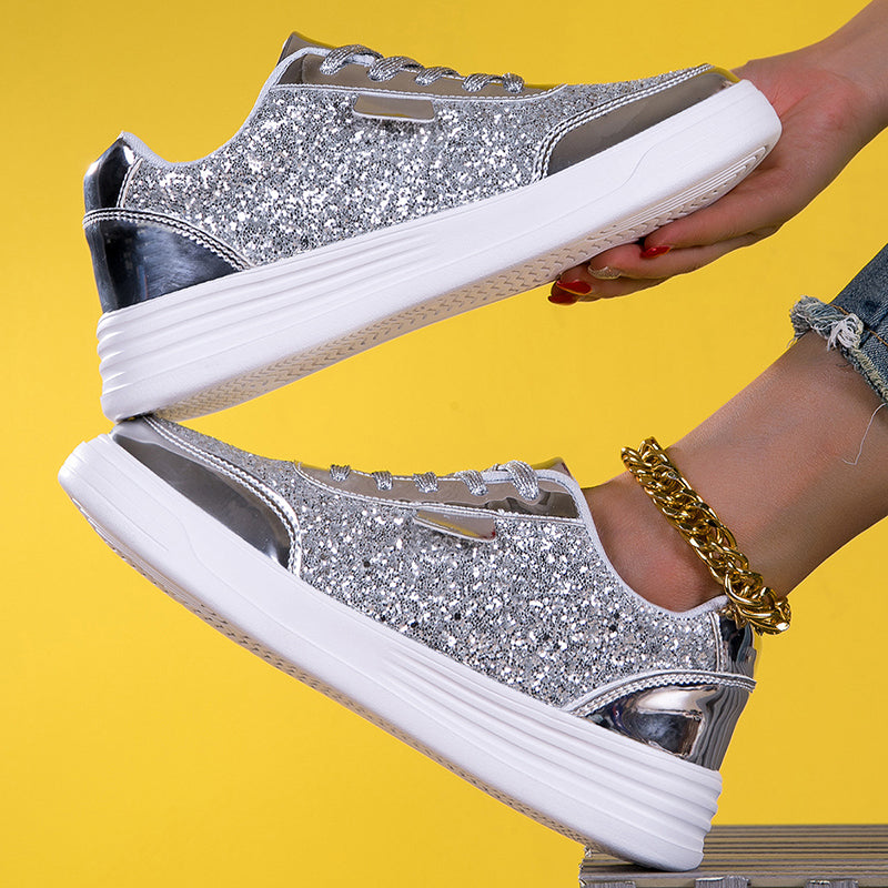 silver Women's sequins glitter lace-up platform sneakers for music festival, parties