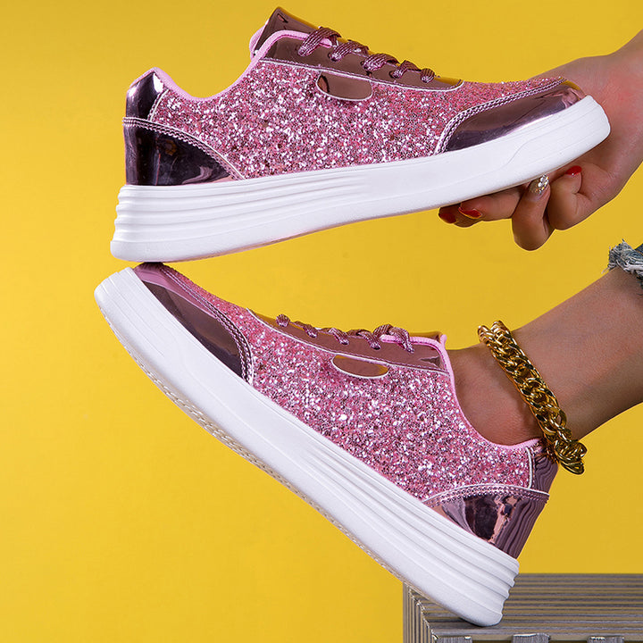 pink Women's sequins glitter lace-up platform sneakers for music festival, parties
