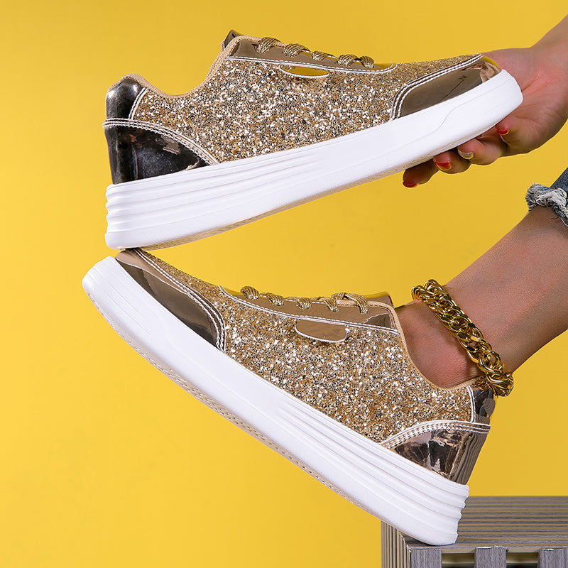 gold Women's sequins glitter lace-up platform sneakers for music festival, parties