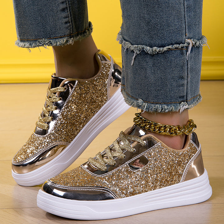 Women's sequins glitter lace-up platform sneakers for music festival, parties