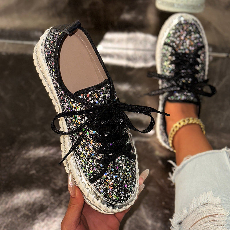 black Women's sequins glitter lace-up platform sneakers for parties, festivals, club outfits