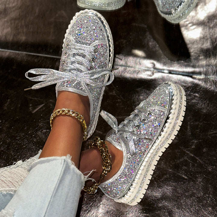 silver Women's sequins glitter lace-up platform sneakers for parties, festivals, club outfits