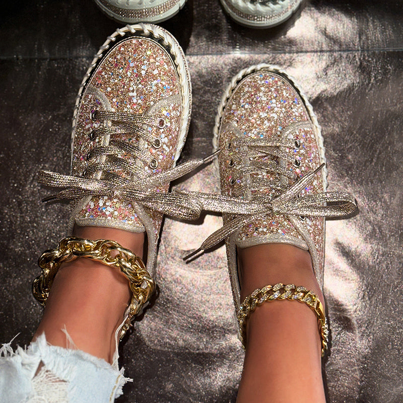 gold Women's sequins glitter lace-up platform sneakers for parties, festivals, club outfits