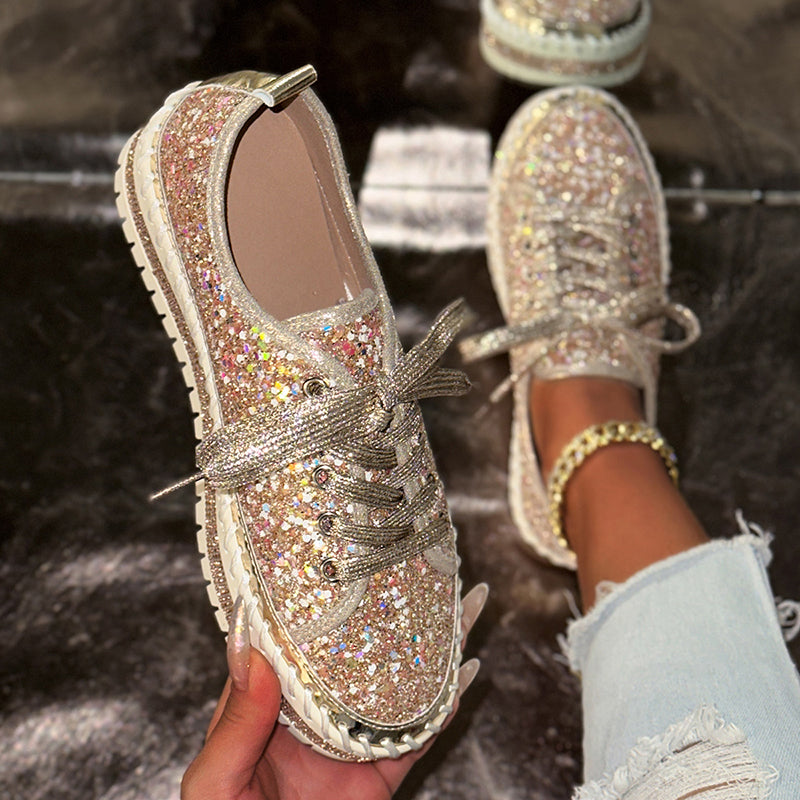 gold Women's sequins glitter lace-up platform sneakers for parties, festivals, club outfits