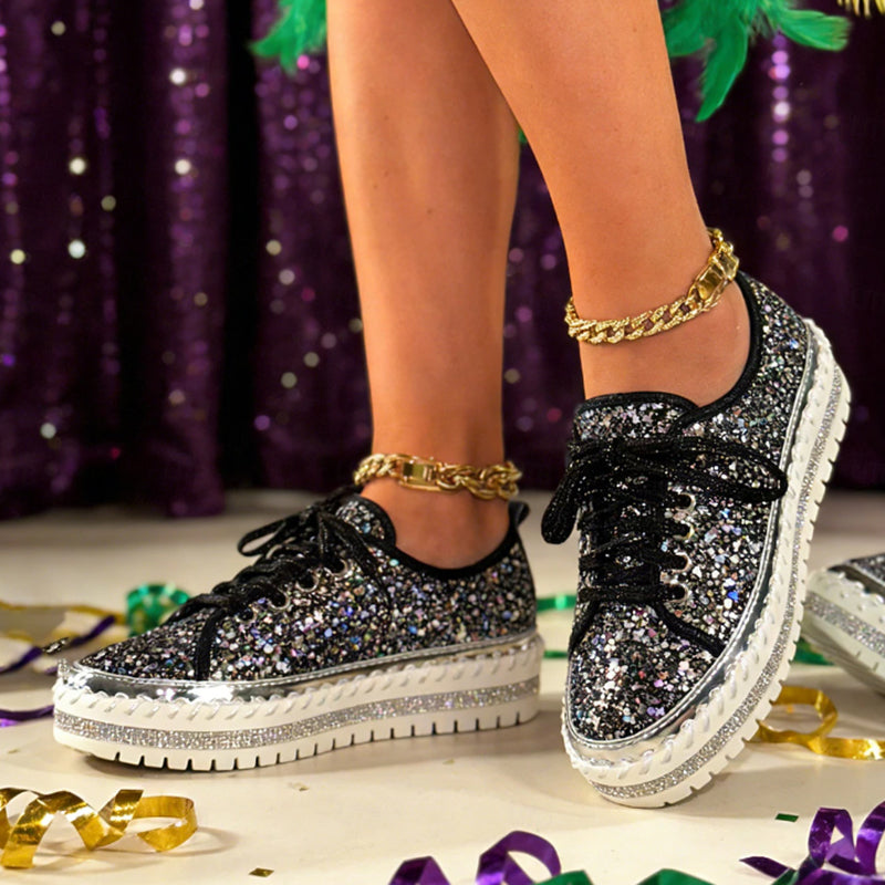 black Women's sequins glitter lace-up platform sneakers for parties, festivals, club outfits
